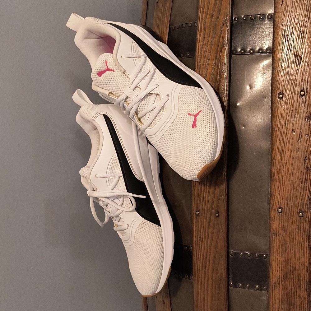 Puma White Sneakers with Black & Pink Details Size 11